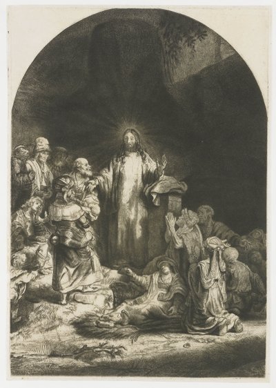 Sto guldenů: ústřední kus s Kristovým kázáním, deska klenutá od Rembrandt van Rijn