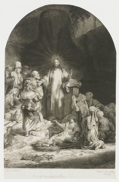 Tisk „Sto guldenů“: ústřední motiv s kázajícím Kristem, deska má obloukový tvar od Rembrandt van Rijn