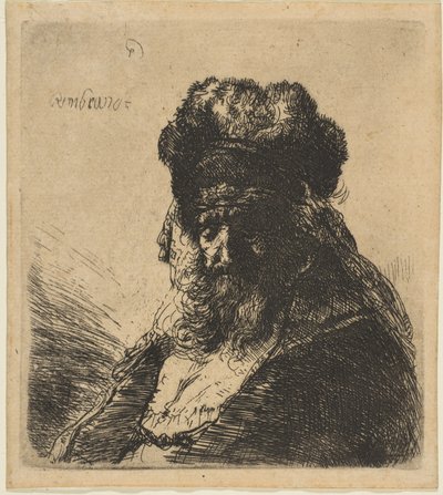 Starý vousatý muž ve vysoké kožešinové čepici, se zavřenýma očima, ca. 1635. od Rembrandt van Rijn