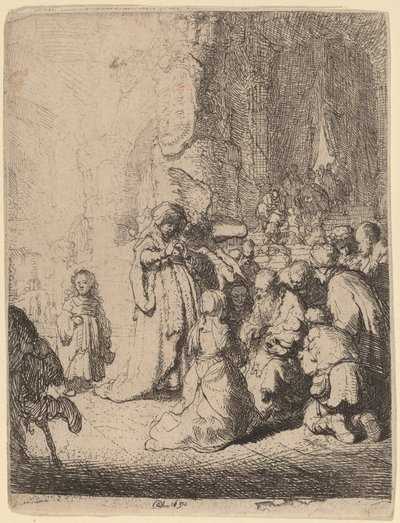 Prezentace v chrámu s andělem: Malý talíř od Rembrandt van Rijn