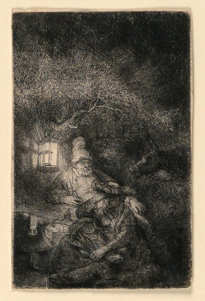 Zbytek na útěku do Egypta: Noční kousek od Rembrandt van Rijn