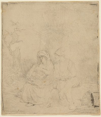 Zbytek na útěku do Egypta: Lehce leptané od Rembrandt van Rijn