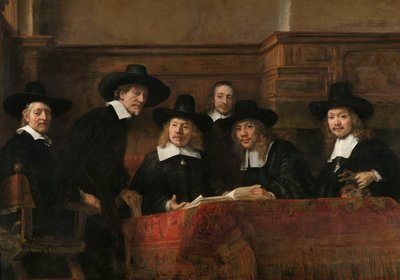 Vzorkoví úředníci Amsterodamského cechu soukeníků, známí jako „Syndici“ Vzorkoví úředníci Amsterodamského cechu soukeníků, známí jako „Syndici“ od Rembrandt van Rijn