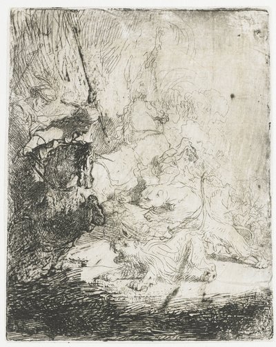 Lov na malého lva se dvěma lvy od Rembrandt van Rijn