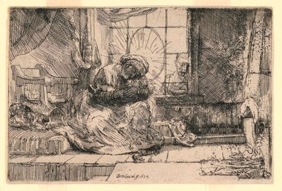 Panna a dítě s kočkou a Josefem u okna od Rembrandt van Rijn