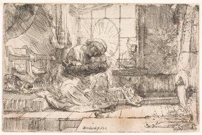 Panna Marie s dítětem a kočkou: a Josef u okna od Rembrandt van Rijn