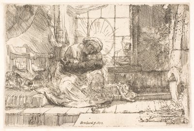 Panna Marie s dítětem a kočkou: a Josef u okna od Rembrandt van Rijn