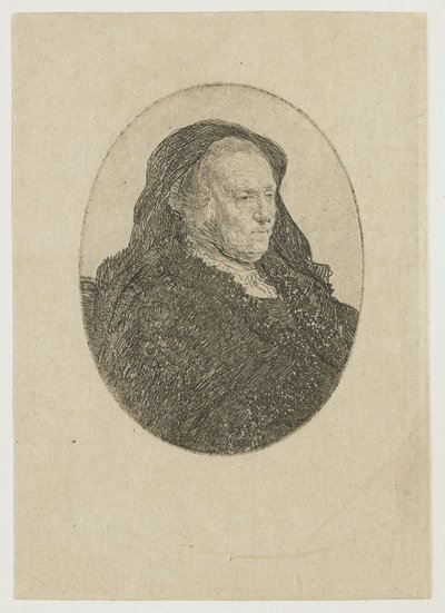 Umělcova matka sedí u stolu a dívá se doprava: pohled ze tří čtvrtin od Rembrandt van Rijn