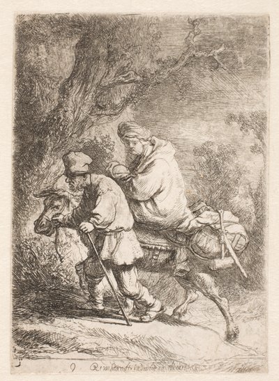 Útěk do Egypta: malý talíř od Rembrandt van Rijn