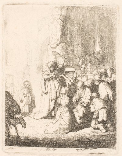 Obětování v chrámu (s andělem): malá deska od Rembrandt van Rijn