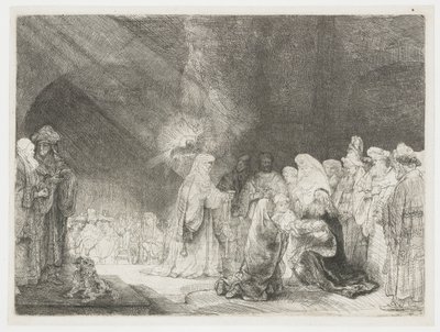 Prezentace v chrámu: podlouhlý tisk od Rembrandt van Rijn