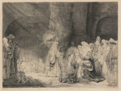 Prezentace v chrámu: podlouhlý tisk od Rembrandt van Rijn
