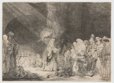 Prezentace v chrámu: podlouhlý tisk od Rembrandt van Rijn