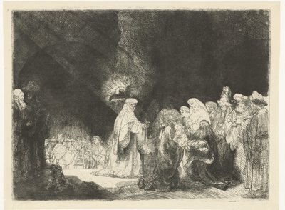 Prezentace v chrámu: podlouhlý tisk od Rembrandt van Rijn