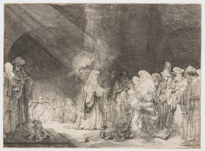 Prezentace v chrámu: podlouhlý tisk od Rembrandt van Rijn