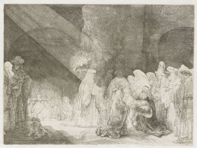 Prezentace v chrámu: podlouhlý tisk od Rembrandt van Rijn