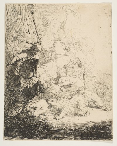 Malý lov na lva, se dvěma lvy, ca. 1632. od Rembrandt van Rijn