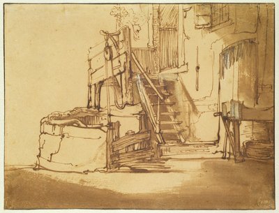 Studna před statkem (pero a hnědý inkoust a hnědý mytí na papíře) od Rembrandt van Rijn