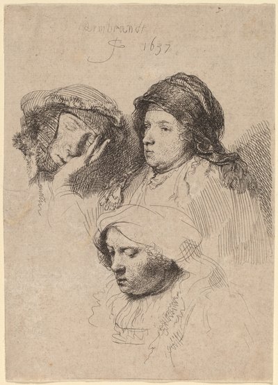 Tři hlavy žen, jedna spí od Rembrandt van Rijn