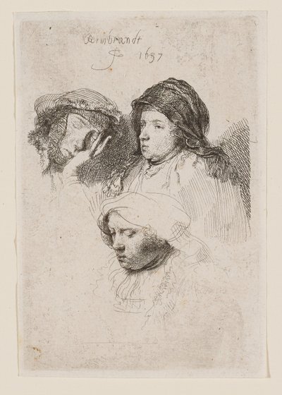 Tři ženské hlavy, z nichž jedna spí od Rembrandt van Rijn