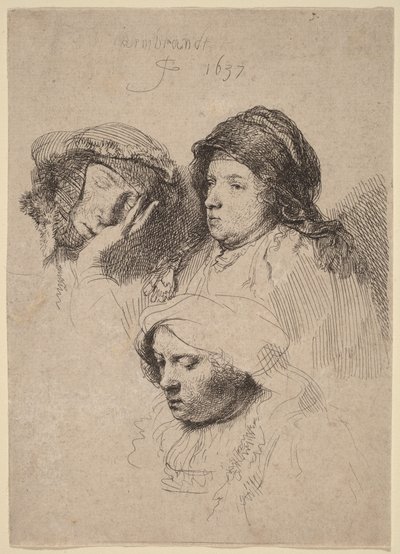 Tři ženské hlavy, z nichž jedna spí od Rembrandt van Rijn