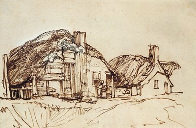 Dvě doškové chaloupky s postavami u okna od Rembrandt van Rijn