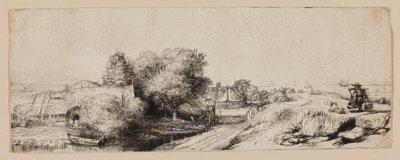 Pohled na Diemerdijk s mlékařem a chalupami od Rembrandt van Rijn
