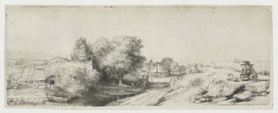Pohled na Diemerdijk s mlékařem a chalupami od Rembrandt van Rijn