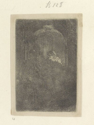 Žena ve dveřích, mluví s mužem s dětmi Recueil de quatre-vingt-cinq estampes originales (název série) od Rembrandt van Rijn