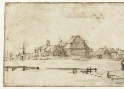 Zimní pohled s vodní cestou, chatami a dvěma čluny od Rembrandt van Rijn