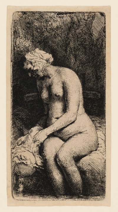 Žena si koupe nohy u potoka od Rembrandt van Rijn