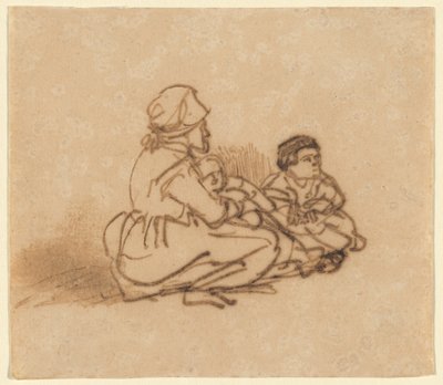 Žena sedí na zemi se dvěma dětmi od Rembrandt van Rijn