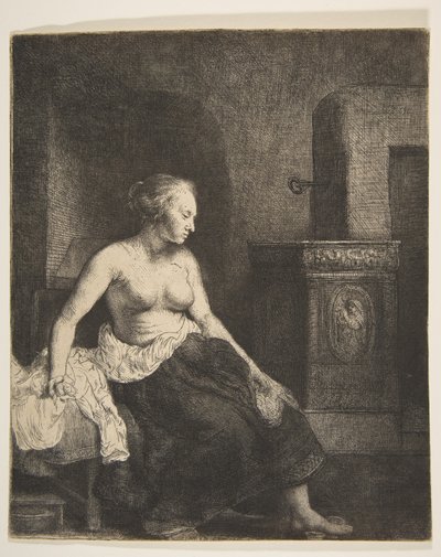 Žena sedí napůl oblečená vedle sporáku, 1658. od Rembrandt van Rijn