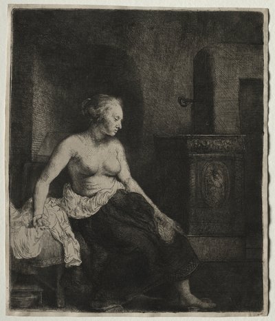 Žena sedí napůl oblečená vedle sporáku od Rembrandt van Rijn