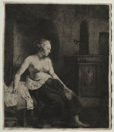 Žena sedící napůl oblečená vedle sporáku, 1658. od Rembrandt van Rijn