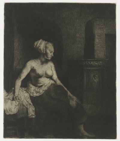 Žena sedí napůl oblečená vedle sporáku Žena sedí napůl oblečená vedle sporáku od Rembrandt van Rijn