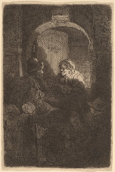 Žena u poklopu mluví s mužem a dětmi (školník) od Rembrandt van Rijn