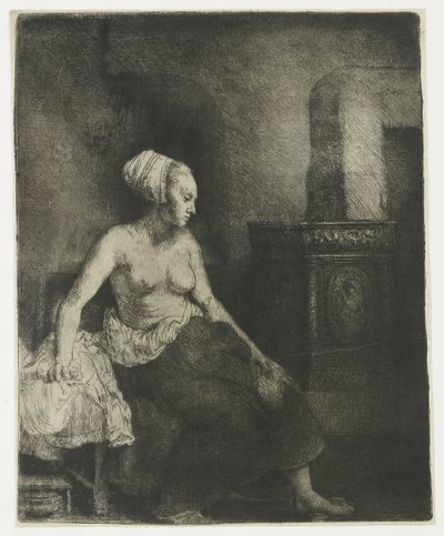 Žena sedí napůl oblečená vedle sporáku od Rembrandt van Rijn