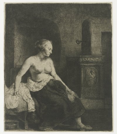 Žena sedí napůl oblečená vedle sporáku od Rembrandt van Rijn