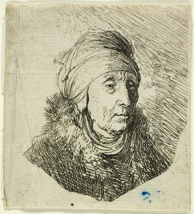 Žena s vysokou čelenkou omotanou kolem brady: poprsí od Rembrandt van Rijn
