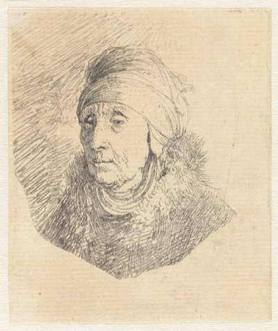 Žena s vysokou čelenkou ovinutou kolem brady: poprsí od Rembrandt van Rijn