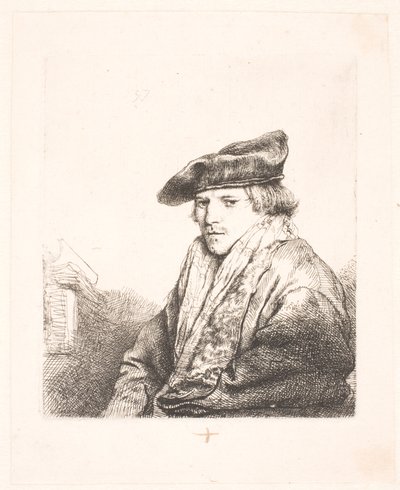Mladý muž v sametové čepici s knihami vedle sebe od Rembrandt van Rijn