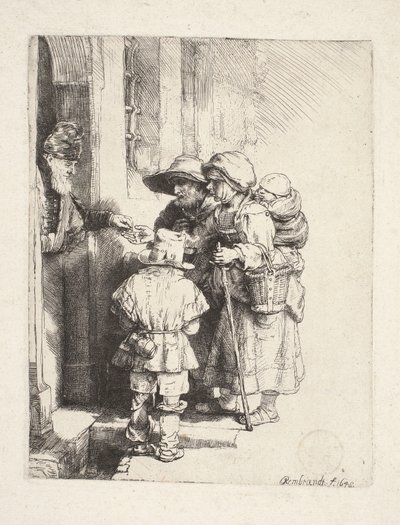 Žebráci přijímající almužnu ve dveřích od Rembrandt van Rijn