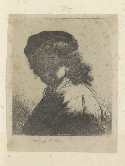 Autoportrét s baretem a šátkem, obličej ve stínu Recueil de quatre-vingt-cinq estampes originales (název série) od Rembrandt van Rijn