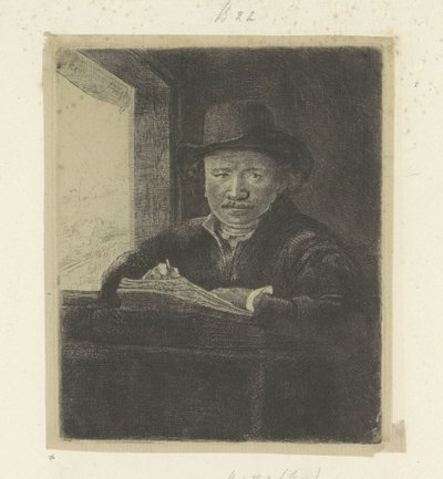 Autoportrét, kresba v okně Recueil de quatre-vingt-cinq estampes originales (název série) od Rembrandt van Rijn