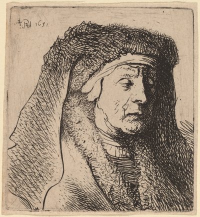 Busta staré ženy v chlupatém plášti a těžkou čelenkou od Rembrandt van Rijn and Studio of Rembrandt
