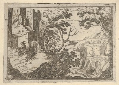 Krajina s budovami vlevo a mostem vpravo dole, ca. 1620-50. od Remigio Cantagallina