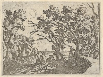 Krajina s pobřežním rybářem a mužským divákem pod stromy, muž na přídi člunu..., ca. 1620-50. od Remigio Cantagallina