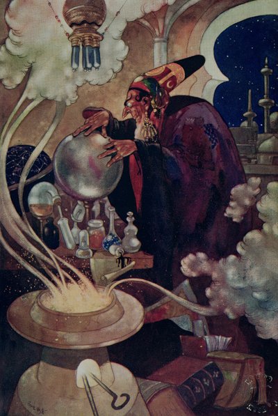 „Po dlouhém a pečlivém kurzu magických otázek“ z „Arabské noci“ (barevné lito) od René Bull