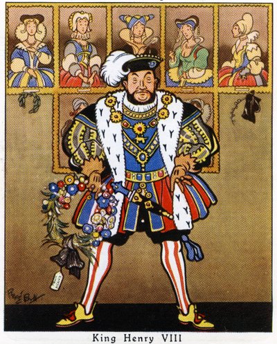 Král Jindřich VIII. zdobí portréty svých manželek cesmínou, jmelím a vánočním věncem, 1936 od René Bull